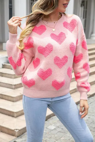Vista 5 de KMBANGI Sudadera romántica con estampado de corazón para mujer, suéter de gran tamaño para el día de San Valentín, manga larga, con gráfico de amor