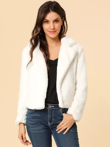 Vista 2 de Allegra K Chaqueta corta de piel sintética para mujer, cárdigan con solapa, abrigo de piel sintética esponjosa para invierno 2023