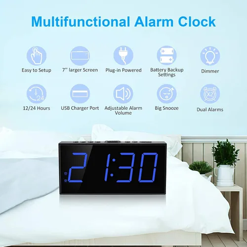 Vista 7 de Mesqool Reloj despertador digital dual para dormitorios, pantalla grande, reloj eléctrico con cargador USB, batería de respaldo, atenuador, 4