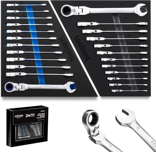 Vista 8 de toolant Juego de 12 llaves de trinquete SAE, juego de llaves combinadas de trinquete de cabeza flexible con diseño de interruptor, 1/4"-7/8", 90