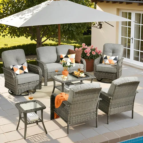 Vista 27 de ovios - Juego de muebles de patio de 2 piezas, sofá de mimbre para exteriores con sillas, silla de ratán con respaldo alto con cómodos cojines