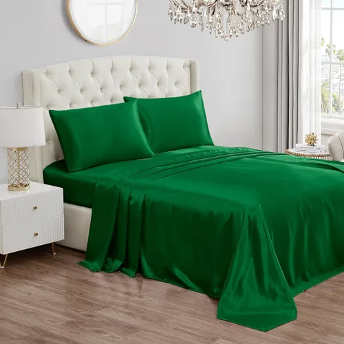 Vista 15 de Juicy Couture Juego de sábanas de satén de tamaño individual, juego de sábanas sedosas de bolsillo profundo con 1 sábana bajera, 1 sábana encimera