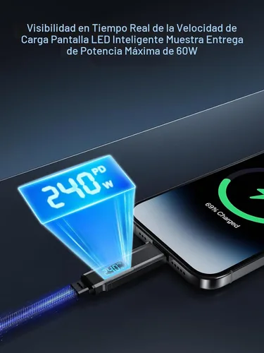 Vista 3 de Cable de carga 4 en 1 de 5 pies, 240 W USB C a USB C cable de carga rápida trenzado plano combo de cable cargador para iPhone USB A/C a C/L