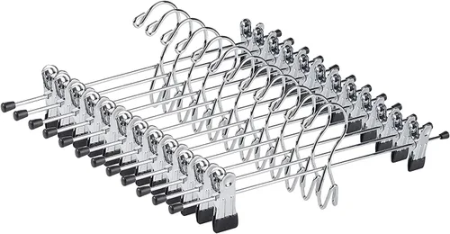Vista 7 de Amber Home Paquete de 12 perchas de metal resistentes para falda con clips Perchas de metal apilables con 2 clips ajustables, ganchos de clip