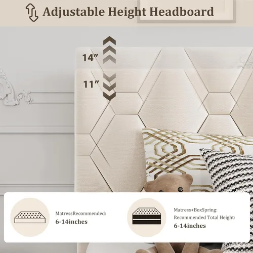 Vista 5 de GAOMON Base de cama tapizada tamaño individual, color beige, base de cama de plataforma resistente con cabecera tapizada y listones de madera