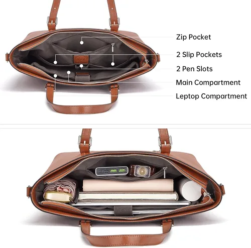 Vista 5 de Cnoles Bolso de mano para mujer, de piel auténtica, vintage, de 15.6 pulgadas, para laptop, bolso de hombro para trabajo