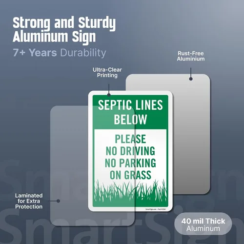 Vista 3 de SmartSign Letrero de patio con texto en inglés "Septic Lines Below - Please No Driving No Parking On Grass" de 10 x 7 pulgadas, kit de estaca de 18