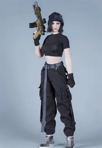 Vista 2 de Ropa femenina a escala 1/6, camiseta y pantalones, guante, cinturón, traje de disfraz para soldado de 12 pulgadas, figura de acción