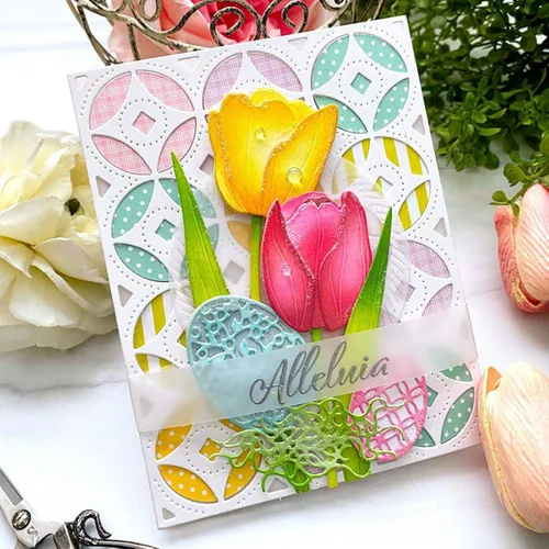 Vista 4 de Juego de tulipanes troquelados de metal con flores, hojas de flores, plantas, plantillas de corte de boda, plantillas de manualidades, tarjetas