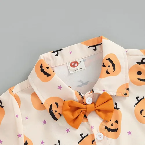 Vista 4 de Conjunto de ropa de 2 piezas con botones de calabaza y solapa para niños pequeños y niños pequeños