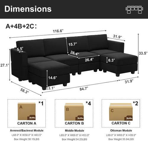 Vista 2 de Belffin Sofá modular en forma de U con tumbonas reversibles, de terciopelo, con asiento de almacenamiento, color negro