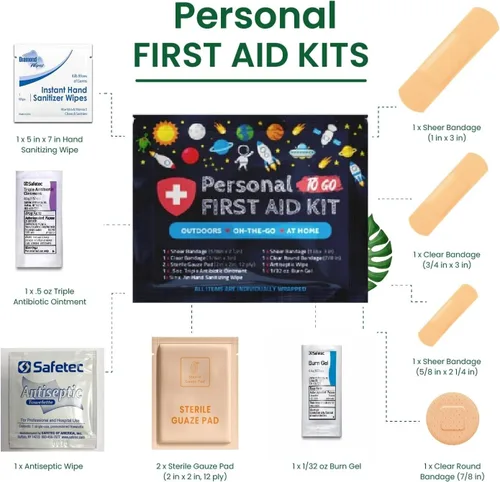 Vista 2 de Kit médico de emergencia de primeros auxilios mini y tamaño de viaje, paquete de 10 Ideal para niños, escuelas, negocios, senderismo, camping