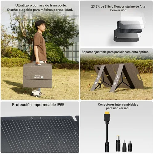 Vista 4 de LVYUAN Panel solar portátil de 100 W para estación de energía, panel solar plegable 23.5% monocelda con ETFE, IP65 P-PERC con adaptador 4 en 1
