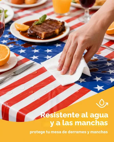 Vista 2 de Mantel de bandera estadounidense, paquete de 4 manteles patrióticos desechables de 54 x 108 pulgadas para mesas de 6 pies, decoraciones del 4