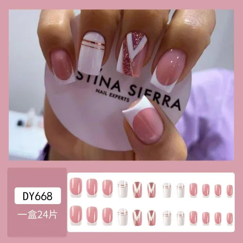 Vista 5 de Uñas postizas a presión de punta francesa, uñas postizas cuadradas cortas, uñas postizas de punta blanca con diseños de lujo rosa brillante