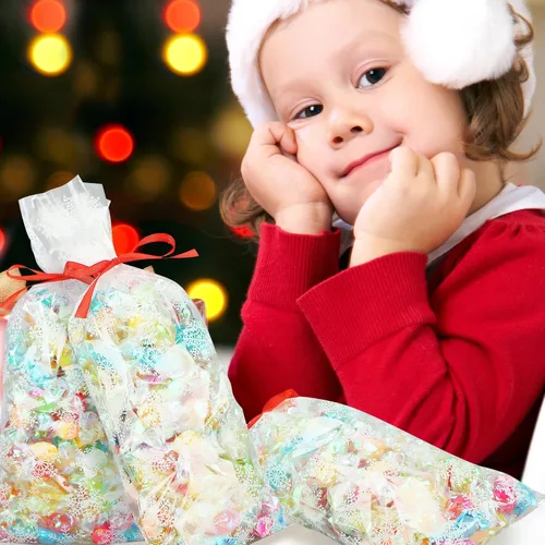 Vista 5 de Cholemy 500 bolsas de celofán, bolsas de celofán, bolsas de violonchelo con cinta, regalos navideños para dulces, galletas, golosinas, envoltura