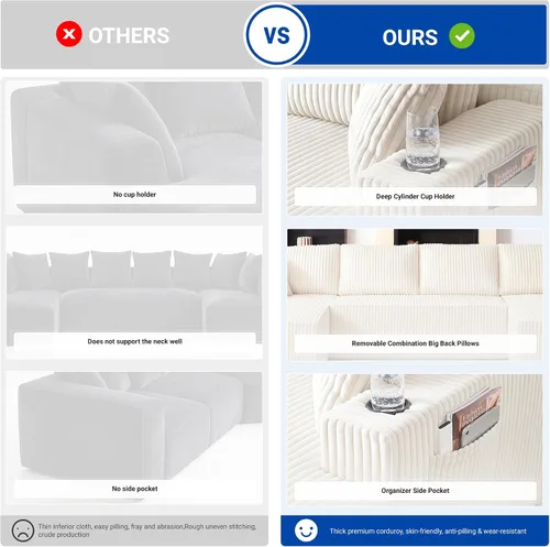 Vista 7 de Sofá cama modular de 124 pulgadas, sofá de nube sin hueso para sala de estar, sofá de 5 asientos en forma de U con 2 bolsillos de almacenamiento y 2