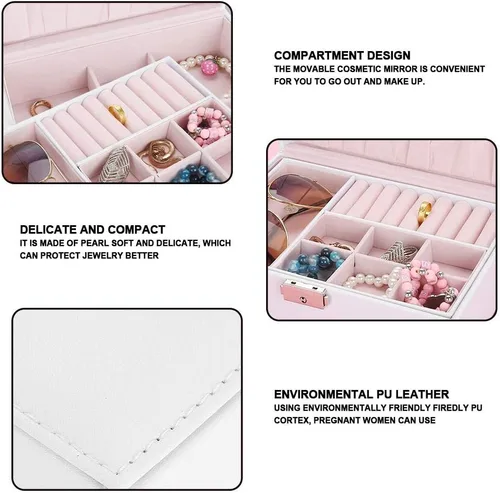 Vista 4 de TMISHION Caja organizadora de joyería, caja de almacenamiento, bandeja extraíble de 2 capas para aretes, pulsera de cuero, organizador de joyas