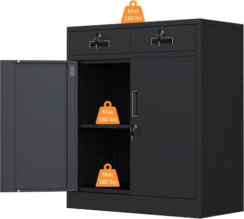 Vista 5 de Armario de almacenamiento de metal con puertas de cierre y estante ajustable, armarios de almacenamiento con cajones con cerradura para oficina