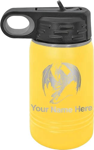 Vista 52 de LaserGram Botella de agua con tapa abatible de doble pared de 12 onzas con pajilla, dragón, grabado personalizado incluido (negro)