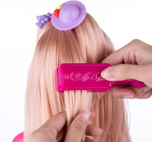 Vista 4 de Cabeza de muñeca para peinar y maquillar para niñas con accesorios y secador de pelo (Estilo A)
