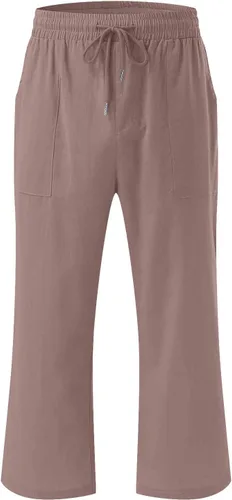 Vista 4 de WKSCLPAI Pantalones capri para mujer, casuales, de verano, talla grande, de lino, cintura alta, con cordón, pantalones cortos con bolsillos