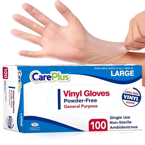 Vista 24 de CARE PLUS Pro - Guantes de vinilo transparentes de tamaño pequeño, 100 unidades Sin látex, sin polvo, resistentes, no estériles, Guantes