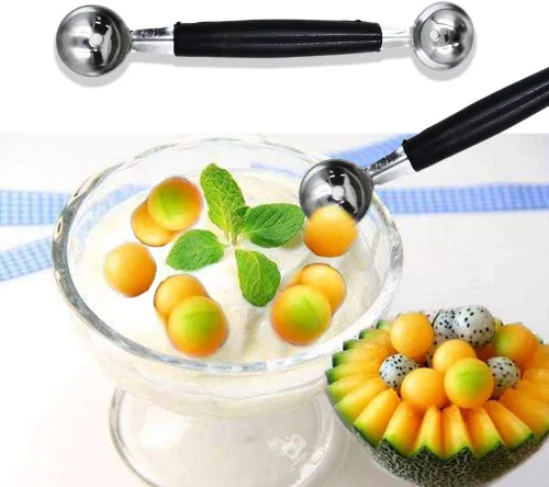 Vista 6 de Paquete de 2 cucharas de bola de helado de frutas de doble extremo, bola de melón de acero inoxidable, bolas de melón redondas lisas para sandía