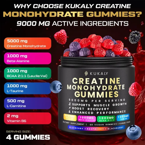 Vista 2 de kukaly Gomitas de monohidrato de creatina para hombres y mujeres, gomitas de creatina sin azúcar, sabor mezclado con L-taurina, BCAA 2:1, B12 B6