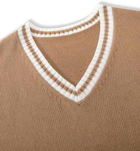 Vista 4 de GORGLITTER Chaleco de suéter sin mangas con cuello en V a rayas para hombre