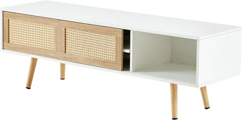 Vista 4 de Mesa auxiliar bohemia, mueble de TV moderno de 55 pulgadas, mesa de centro rectangular de madera con puerta corredera para almacenamiento, mesas