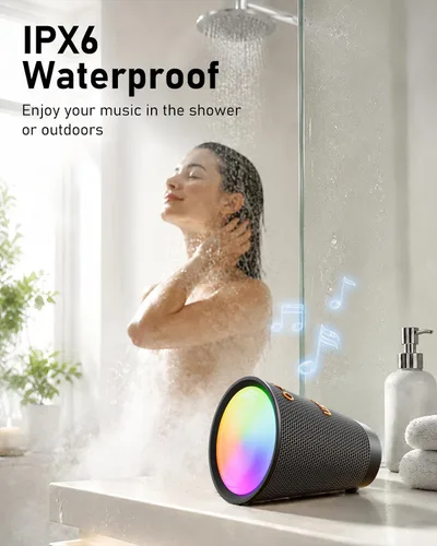 Vista 4 de Altavoz Bluetooth portátil inalámbrico con 9 luces de color, tiempo de reproducción de 20 horas, emparejamiento estéreo, graves profundos, IPX6 Negro
