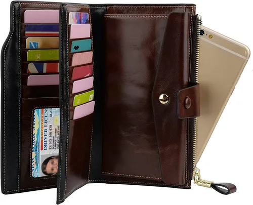 Vista 4 de Cartera plegable de cuero de gran capacidad con bloqueo RFID para mujer