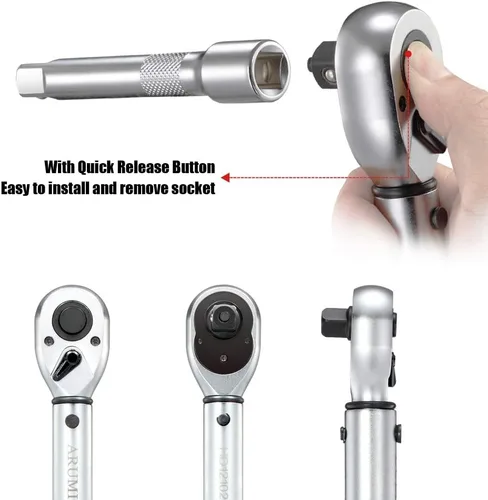 Vista 4 de Llave dinamométrica de clic de 1/2 pulgada (10-150 pies-libras/13.6-203.3 Nm) Juego de llave de torque ajustable de doble dirección