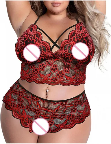 Vista 6 de Lencería sexy de encaje de talla grande para mujer, 2 piezas, brasier cruzado de cintura alta, conjunto de bragas para sexo travieso transparente