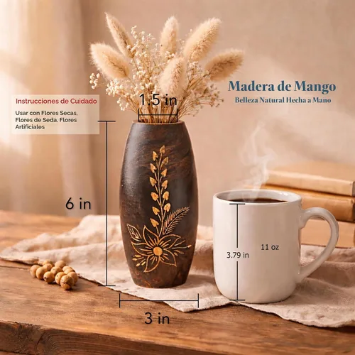 Vista 2 de AeraVida Majestic Flower Garden - Jarrón de madera de árbol de mango marrón Jarrón de madera marrón oscuro para sala de estar Jarrón decorativo