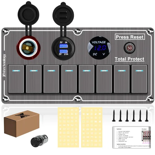 Vista 27 de Panel de interruptores basculantes para lanchas marinas, panel de interruptor de palanca impermeable de 8 bandas con doble USB y panel voltímetro