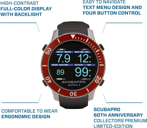 Vista 4 de SCUBAPRO G3 - Computadora de buceo de muñeca, edición del 60 aniversario con Bluetooth® y pantalla a color estilo reloj, incluye caja