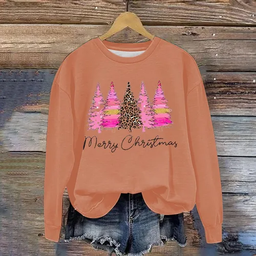 Vista 2 de Sudadera de manga larga con estampado navideño para mujer, cuello redondo, ajuste holgado, lindas camisetas navideñas
