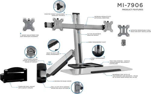 Vista 6 de Mount-It! (MI-7940) Escritorio vertical móvil, altura ajustable, para computadora, estación de trabajo, carrito con ruedas, Plateado