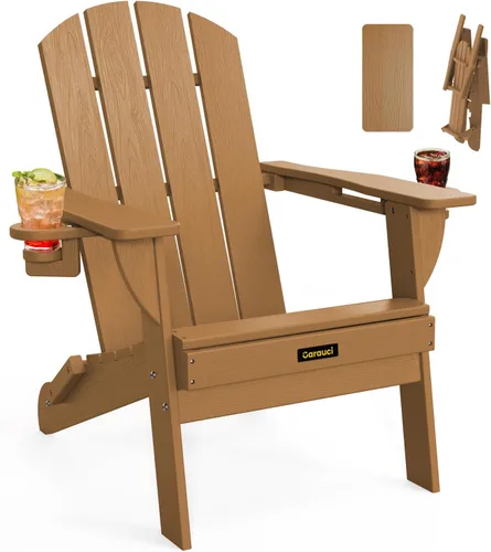 Vista 10 de Silla Adirondack Plegable, Sillas Adirondack de Plástico con Textura de Madera con 2 Portavasos, Silla para Hoguera de HDPE Resistente a