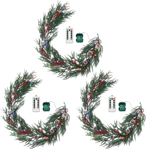 Vista 8 de Guirnalda de Navidad de 6 pies de pino de Norfolk preiluminada con bayas rojas y bolas de cedro, luces LED y control remoto – Guirnalda iluminada a