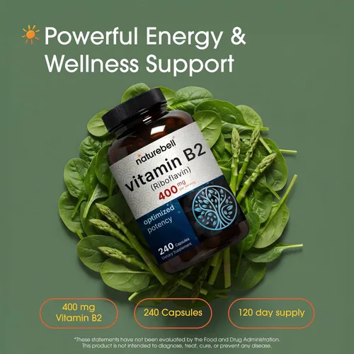 Vista 2 de NatureBell Vitamina B2 (riboflavina) 400 mg - 240 cápsulas - Suplemento para energía, piel y salud celular* - Sin OMG y sin gluten - Fácil