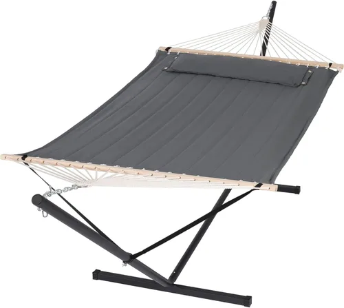 Vista 14 de SUNCREAT Hammocks Hamaca doble extragrande con soporte de 12 pies, capacidad de 475 libras, hamaca portátil al aire libre con barra separadora