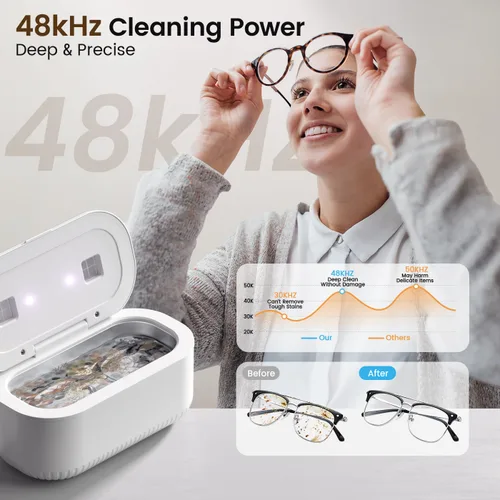 Vista 2 de Limpiador ultrasónico de joyería de 48Khz, limpiador ultrasónico de 30W con 2 luces UV y puertos de cepillo duales, máquina limpiadora de joyería