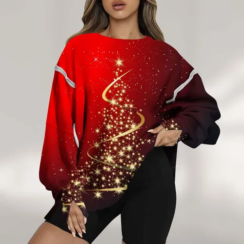 Vista 4 de Sudaderas para mujer con estampado gráfico de Navidad, suéter de retazos sólidos, camisas casuales de ajuste holgado a rayas