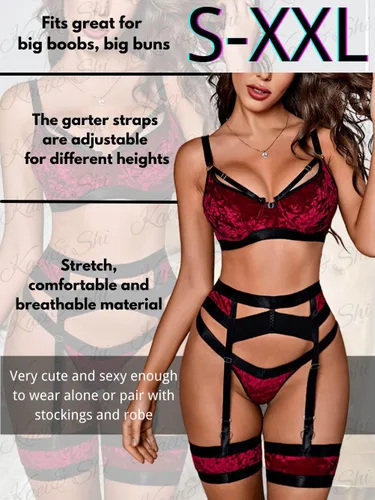 Vista 92 de Kaei&Shi - Lencería con liguero para mujer, conjunto de encaje traslúcido y sexy de 4 piezas combinadas