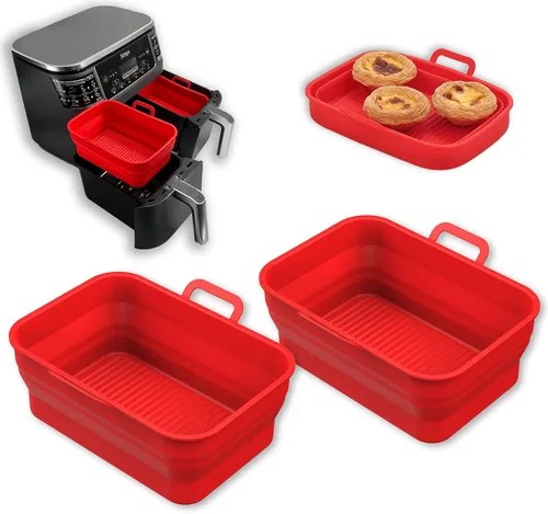 Vista 11 de Paquete de 2 sartenes plegables de silicona para freidora de aire para NINJA Foodi Dual de 8 y 10 cuartos, olla de cesta rectangular reutilizable