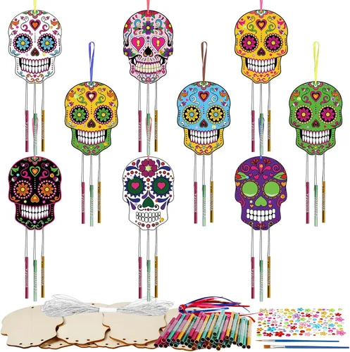 Vista 10 de Fennoral Paquete de 9 carillones de viento de Halloween para niños, hazte dueño de campanillas de viento de Halloween, adornos colgantes de madera