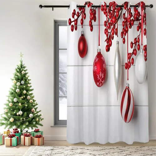 Vista 24 de Renaiss Cortinas opacas de Navidad con tablones de madera rústica para dormitorio, con ojales, estampado de copos de nieve navideños, cortinas